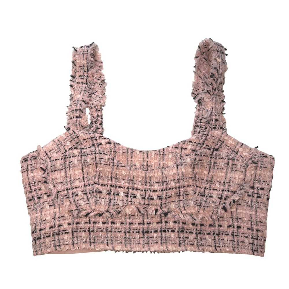 Wild Fable Pink Tweed Ruffle Crop Top Smocked Back Metallic Boucle Boho Small